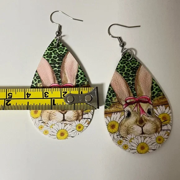 Bunny design, smooth teardrop , PU leather earrings. Colorful, new. 2.25”. NIP - Picture 4 of 5